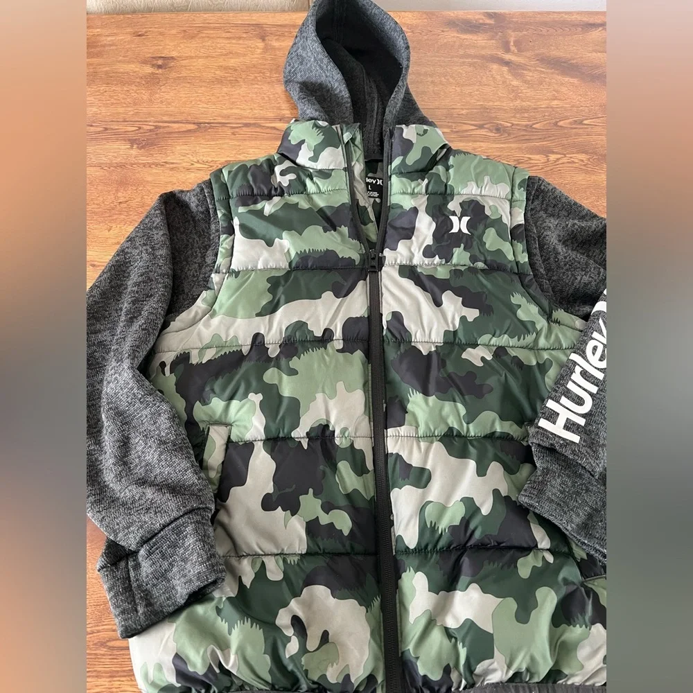 Hurley Puffer Jacket Boys Camo Hooded Size Large